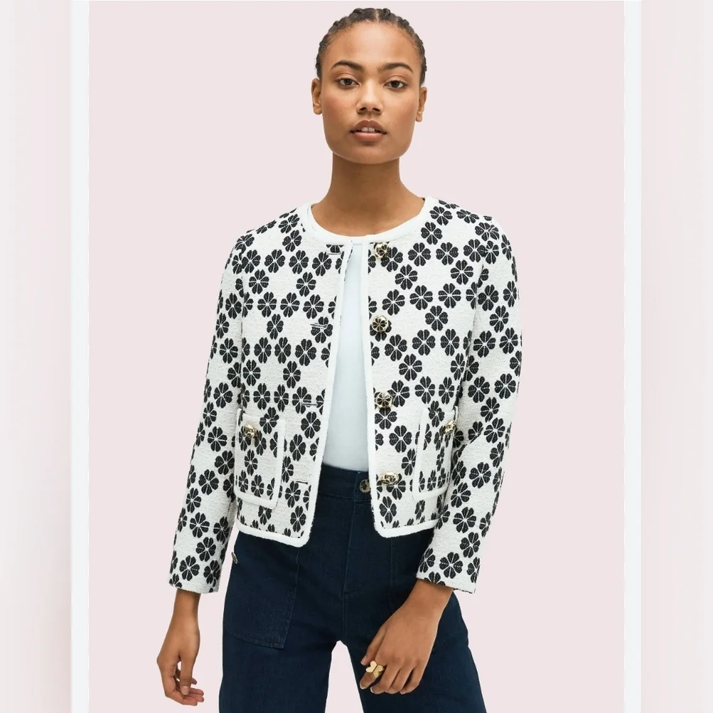 Kate‎ Spade Tweed Jacket skirt suit Career Office Cream&black Floral Size 4
